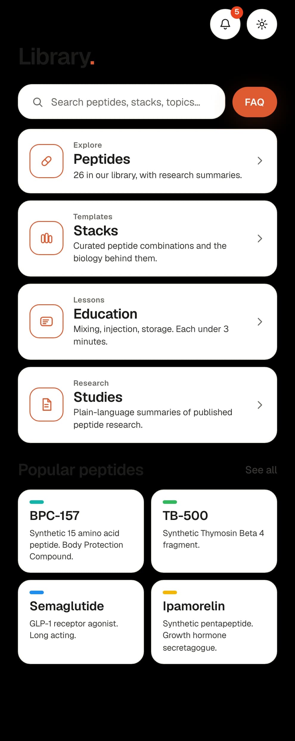 The Peptmate library, listing peptides, stacks, lessons and research summaries