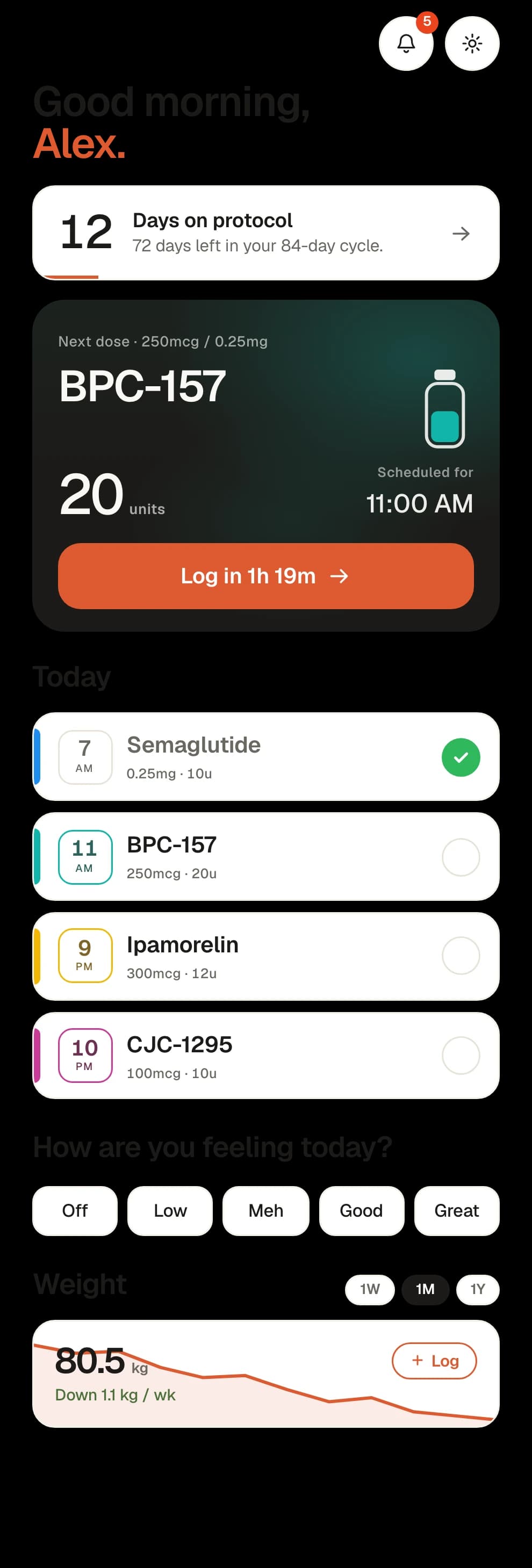 The Peptmate home screen showing today's doses, the next one due, and a mood check-in