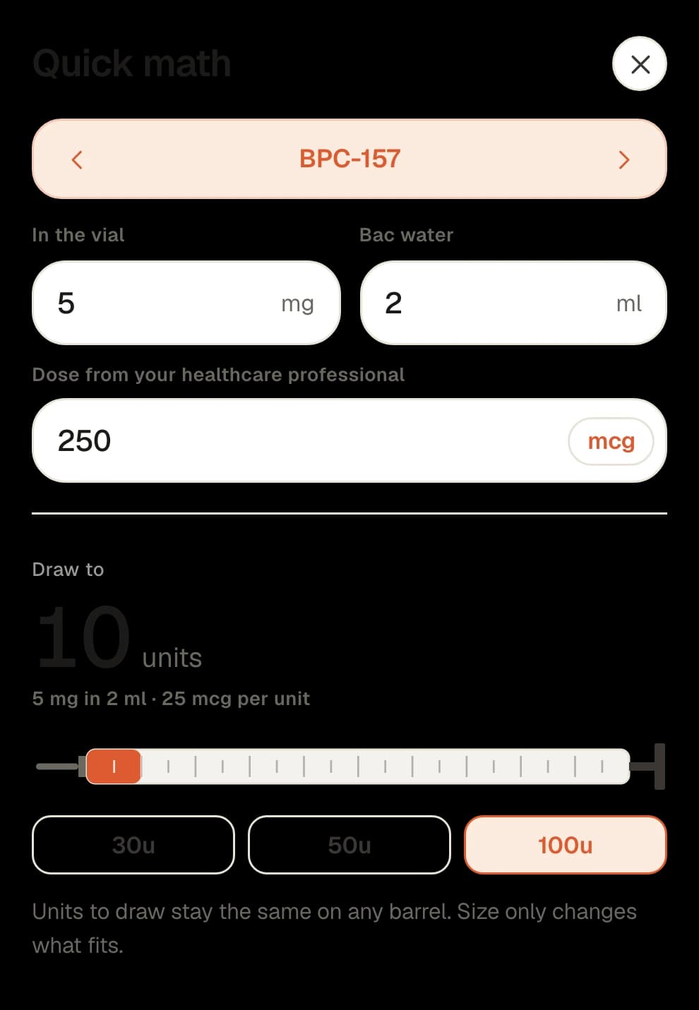The Peptmate quick calculator turning a 5 mg vial and a 250 mcg dose into 20 syringe units