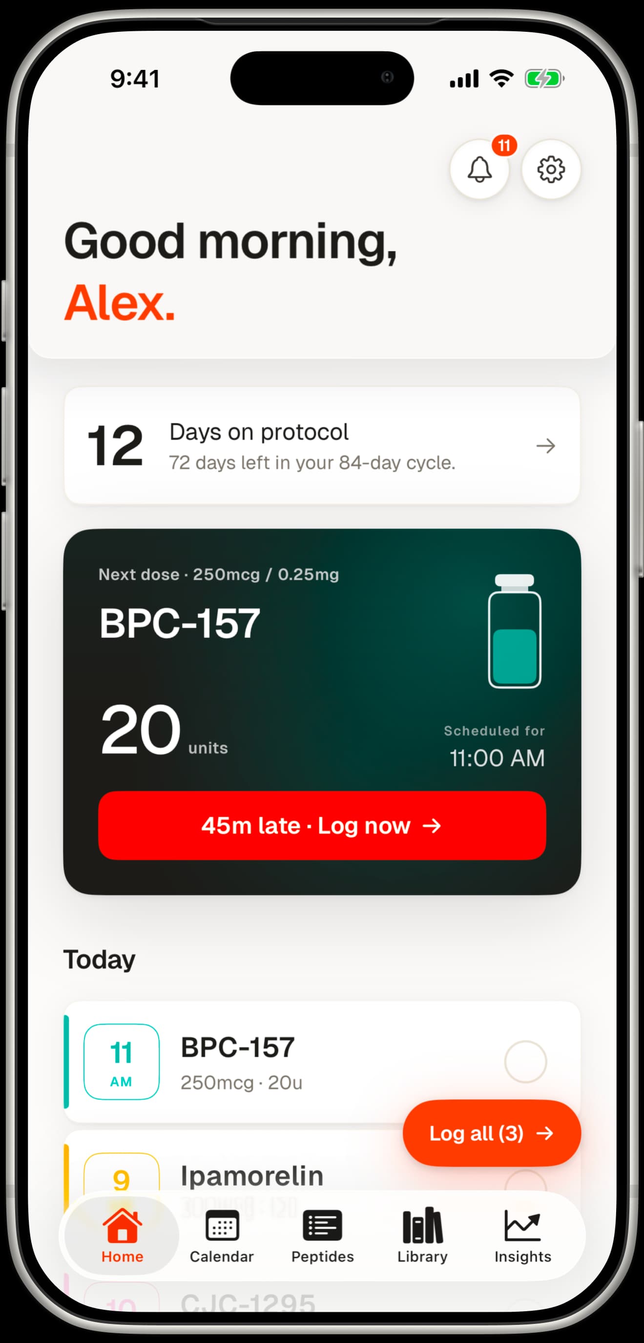 The Peptmate app on an iPhone, showing today's protocol on the home screen