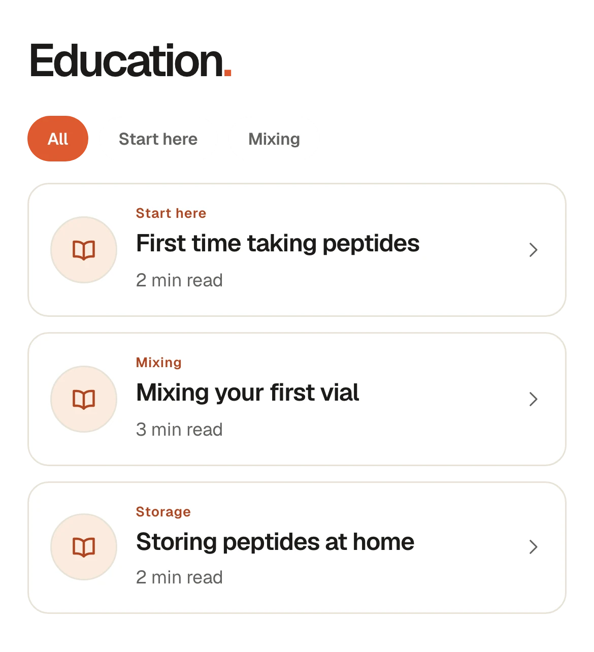 The Peptmate education screen, listing three lessons with two and three minute read times