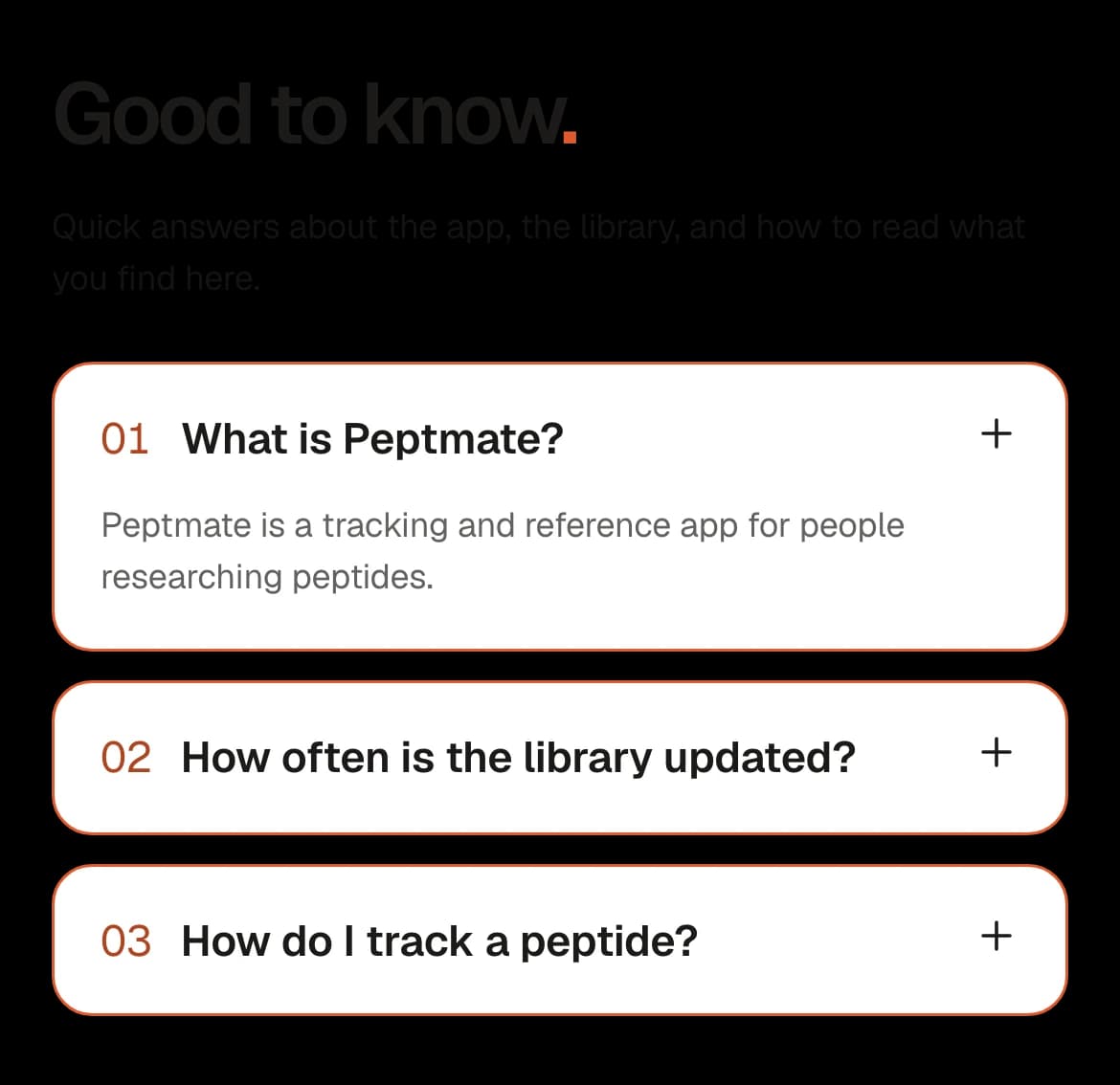 The Peptmate in-app FAQ, with three common questions about the app and the library