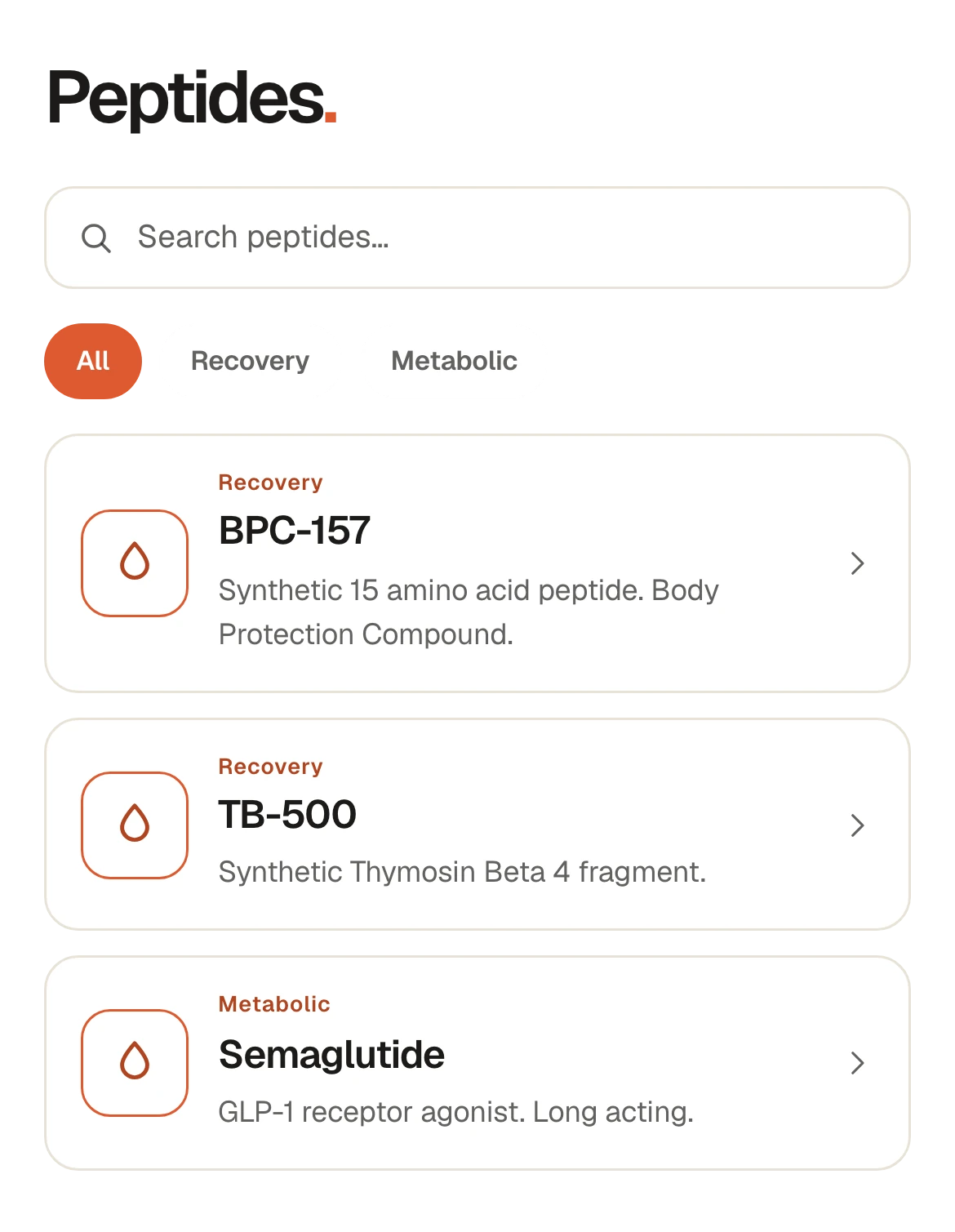 The Peptmate peptides screen, with search, category filters and entries for BPC-157, TB-500 and semaglutide