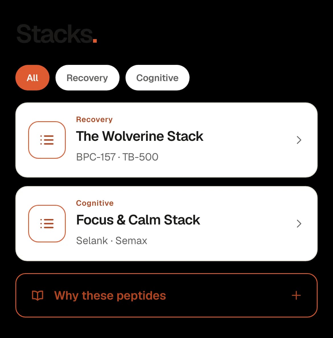 The Peptmate stacks screen, showing two curated peptide combinations and the reasoning behind them