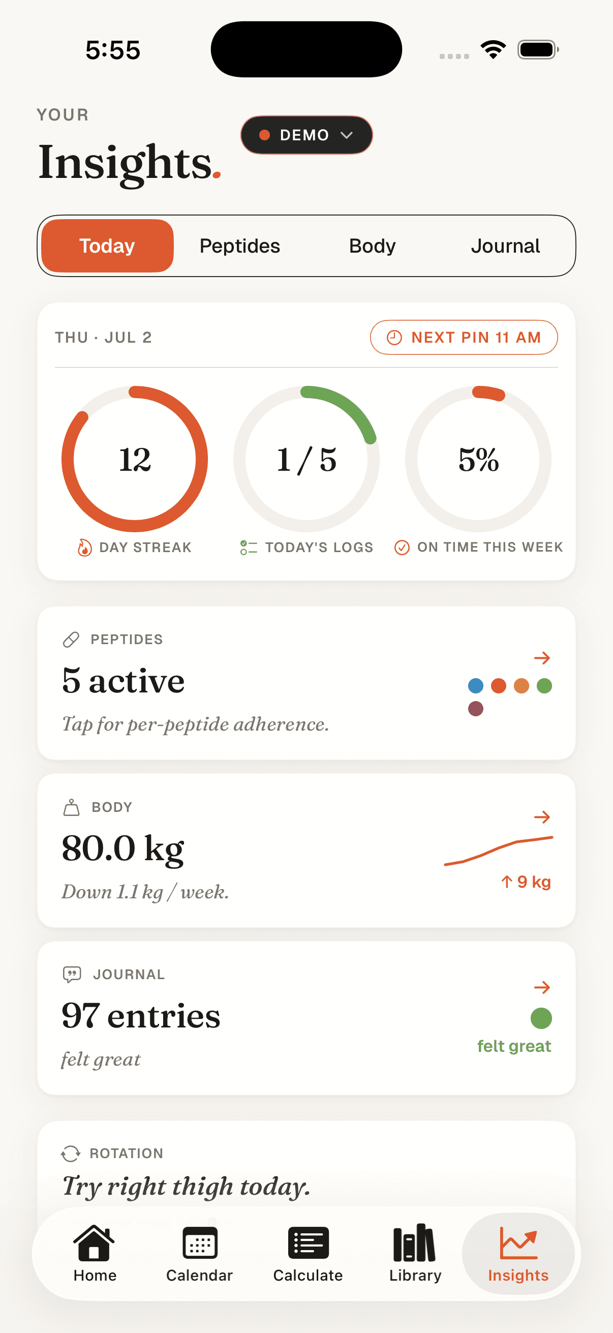 Peptmate insights screen showing protocol tracking at a glance