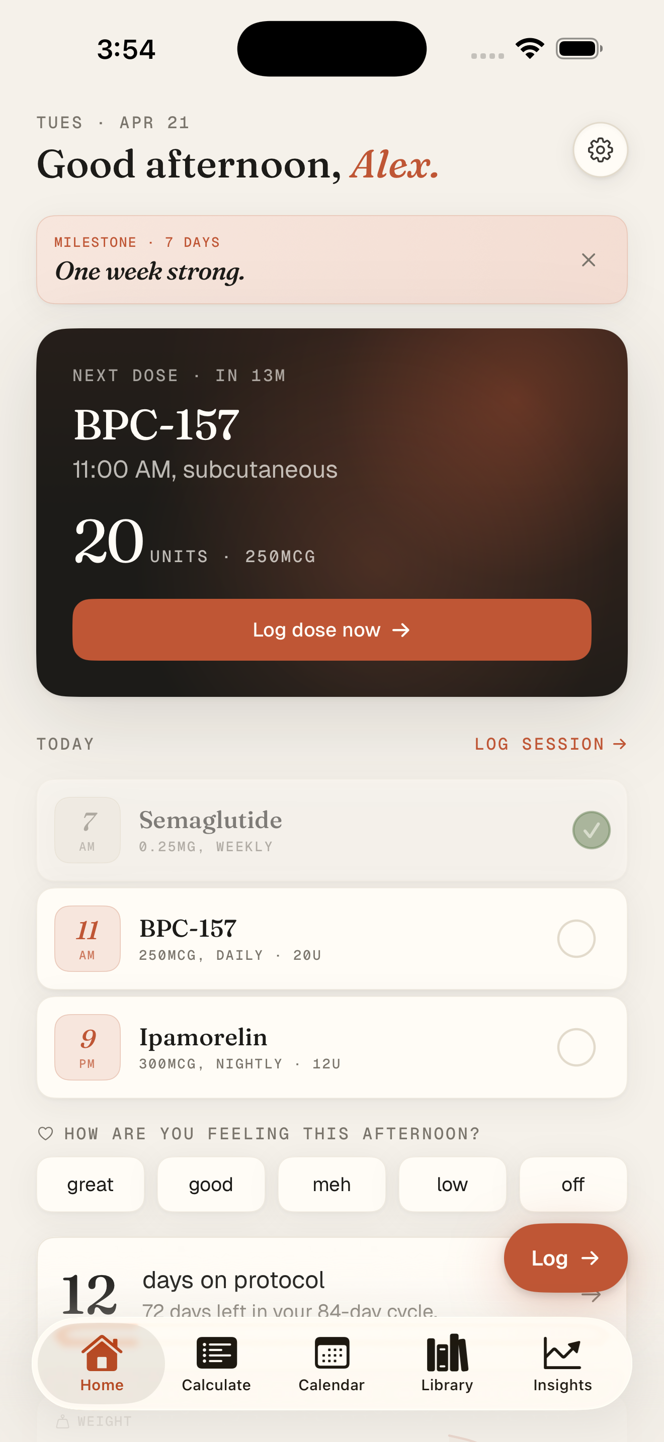 Home / Dashboard with today's dose log